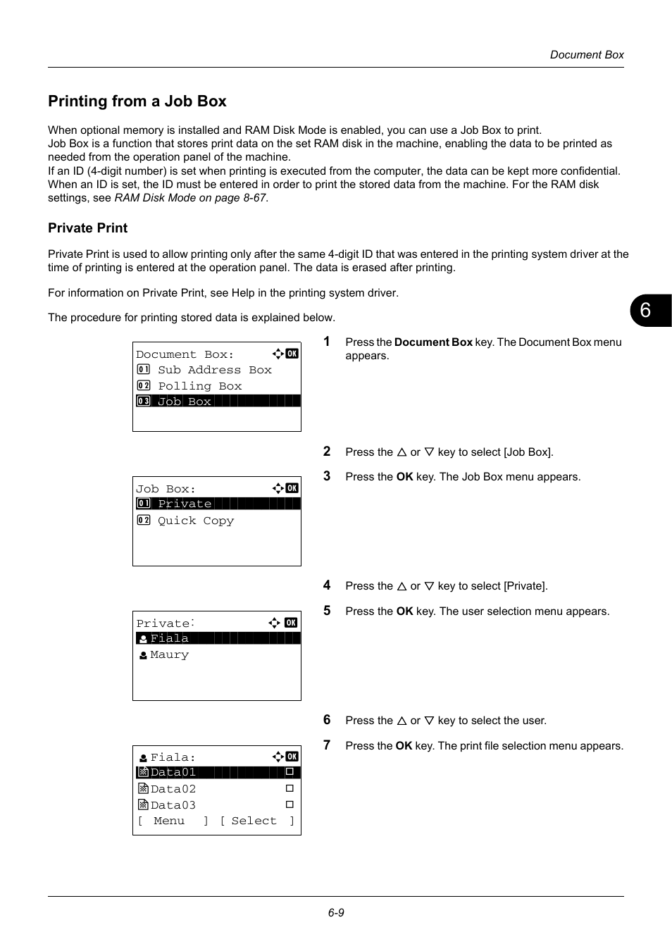 Printing from a job box, Private print, Printing from a job box -9 | TA Triumph-Adler DC 6140L User Manual | Page 173 / 446