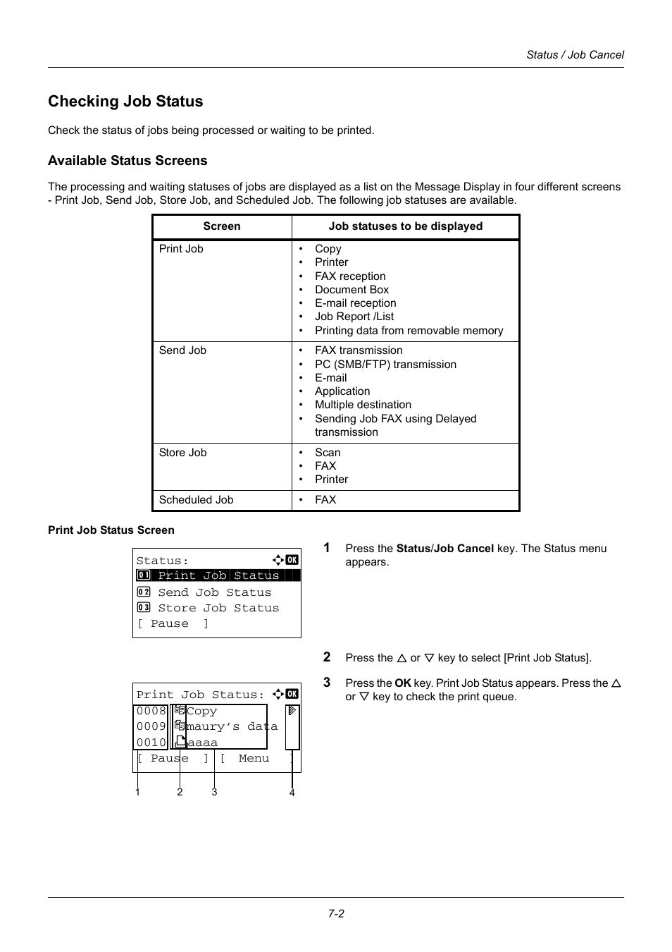 Checking job status, Available status screens, Checking job status -2 | TA Triumph-Adler DC 6140L User Manual | Page 178 / 446