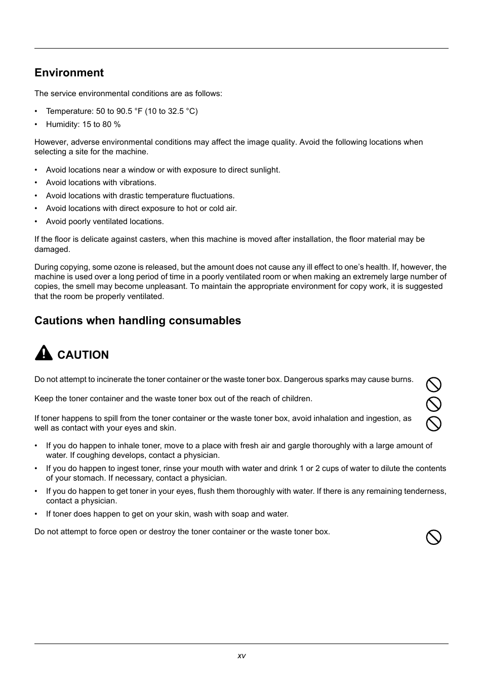 Environment, Cautions when handling consumables, Cautions when handling consumables caution | TA Triumph-Adler DC 6140L User Manual | Page 18 / 446