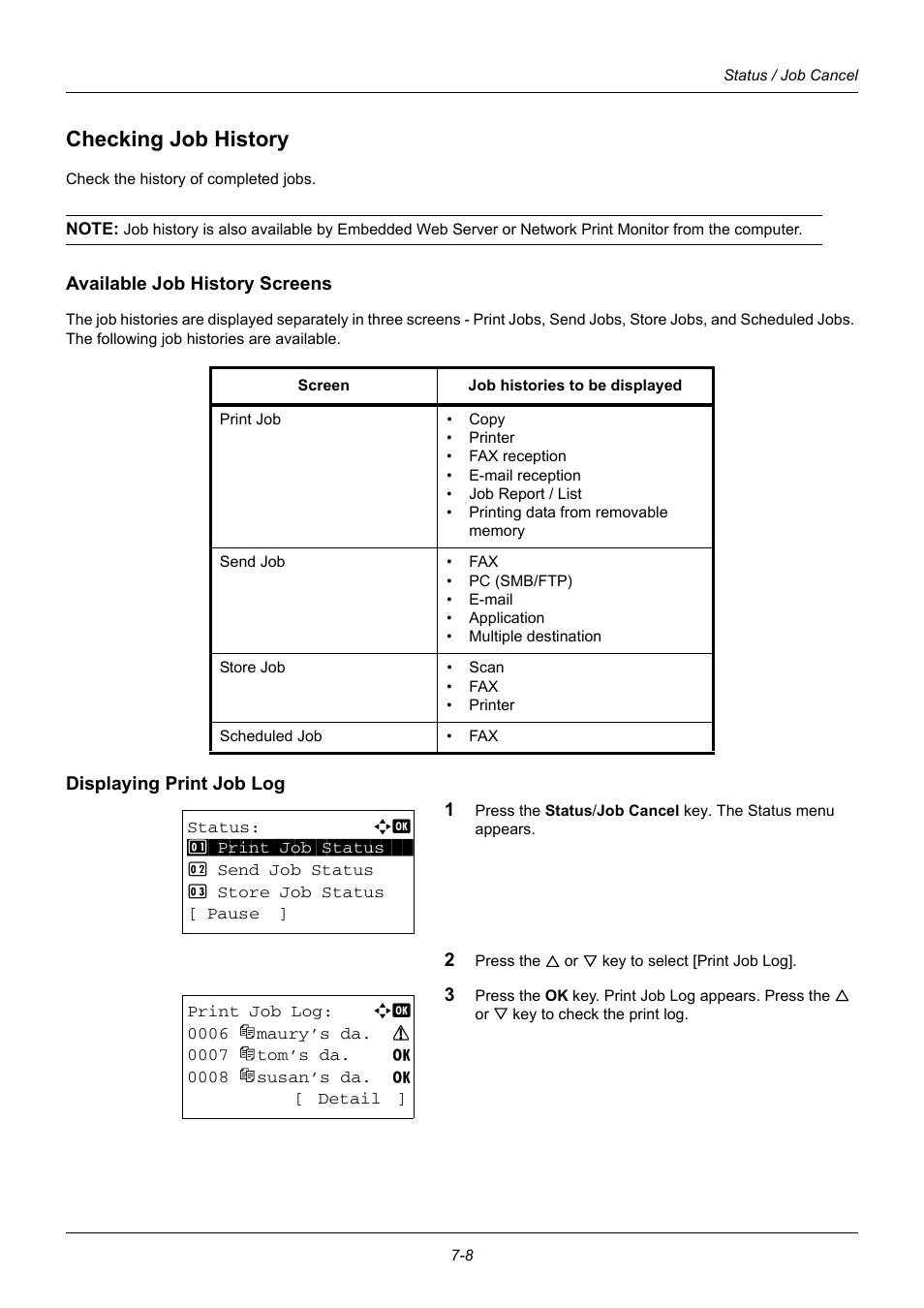 Checking job history, Available job history screens, Displaying print job log | Checking job history -8 | TA Triumph-Adler DC 6140L User Manual | Page 184 / 446