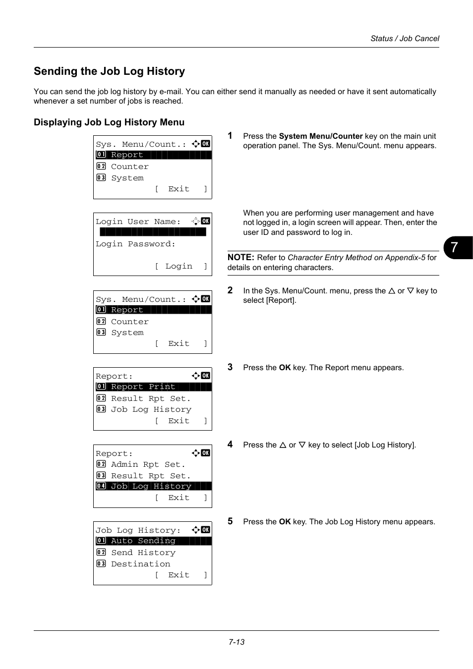 Sending the job log history, Displaying job log history menu, Sending the job log history -13 | TA Triumph-Adler DC 6140L User Manual | Page 189 / 446