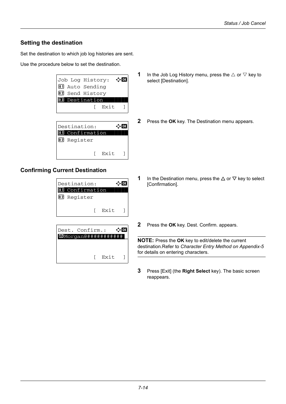 Setting the destination, Confirming current destination | TA Triumph-Adler DC 6140L User Manual | Page 190 / 446