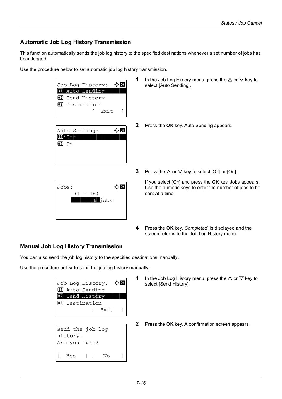 Automatic job log history transmission, Manual job log history transmission | TA Triumph-Adler DC 6140L User Manual | Page 192 / 446