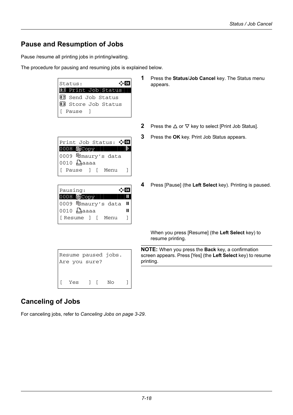 Pause and resumption of jobs, Canceling of jobs, Pause and resumption of jobs -18 | Canceling of jobs -18 | TA Triumph-Adler DC 6140L User Manual | Page 194 / 446