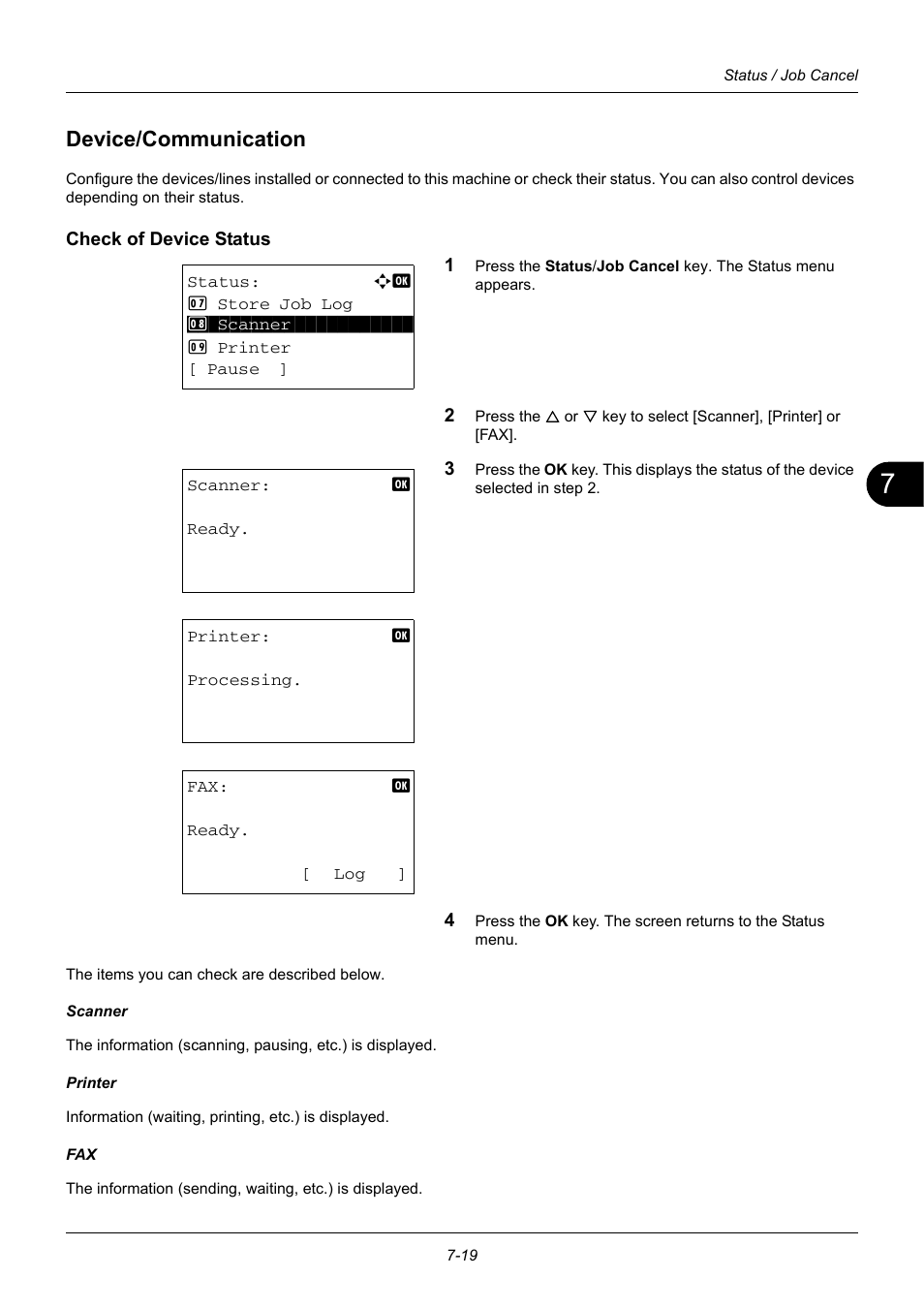 Device/communication, Check of device status, Device/communication -19 | TA Triumph-Adler DC 6140L User Manual | Page 195 / 446
