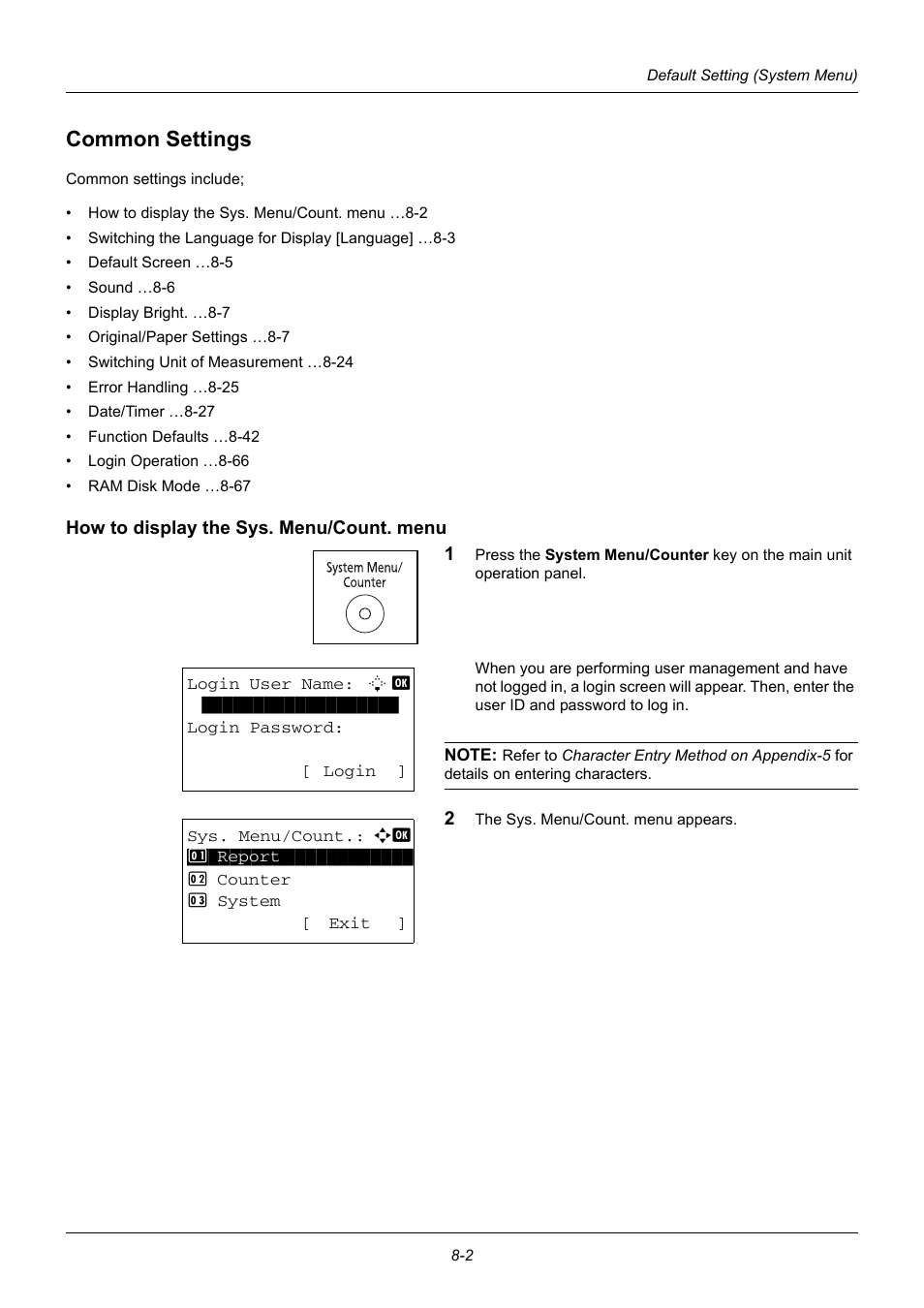 Common settings, How to display the sys. menu/count. menu, Common settings -2 | TA Triumph-Adler DC 6140L User Manual | Page 198 / 446