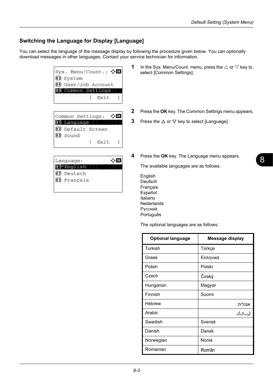 Switching the language for display [language, Switching the language for display [language] …8-3 | TA Triumph-Adler DC 6140L User Manual | Page 199 / 446