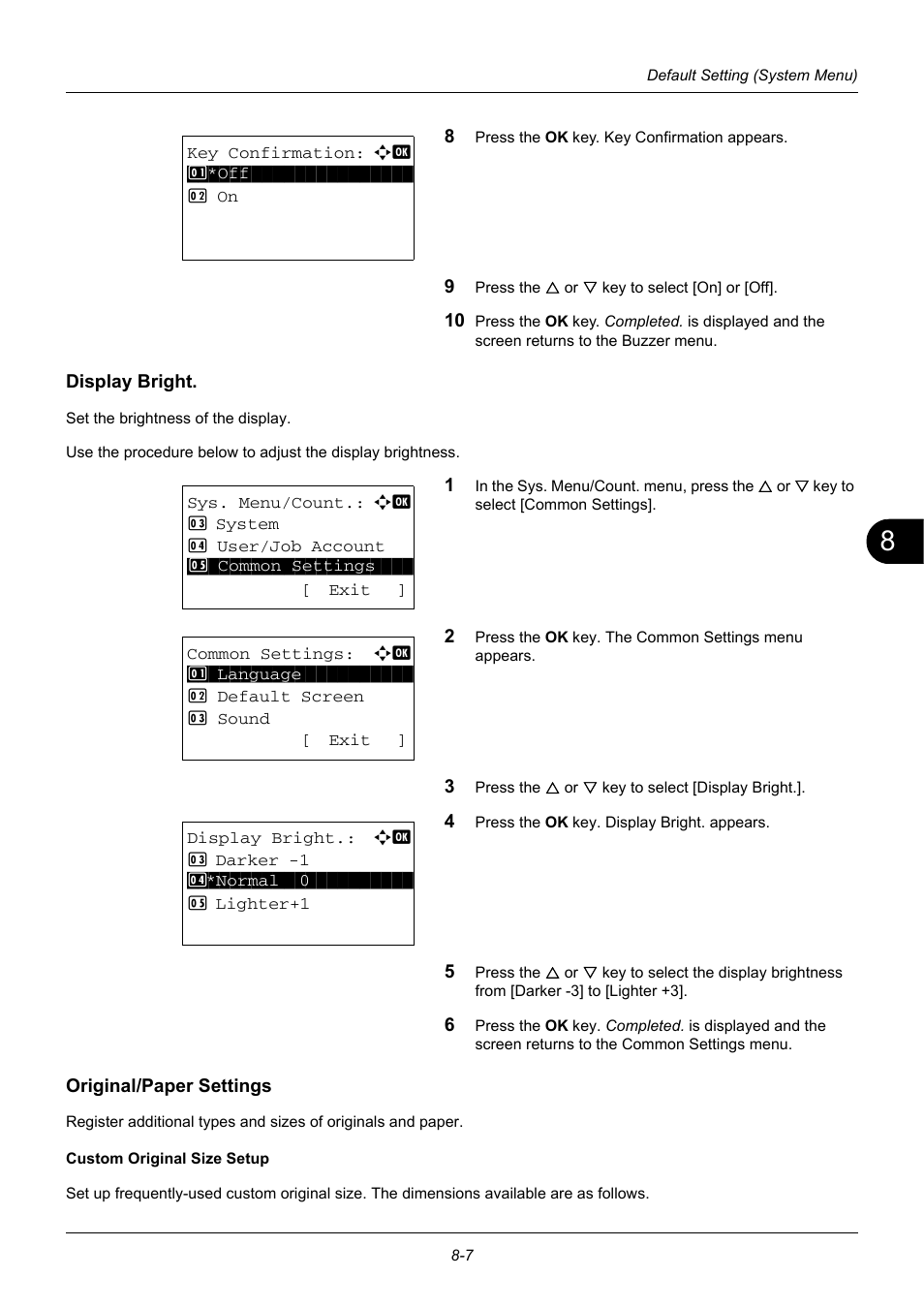 Display bright, Original/paper settings, Display bright. …8-7 | Original/paper settings …8-7 | TA Triumph-Adler DC 6140L User Manual | Page 203 / 446