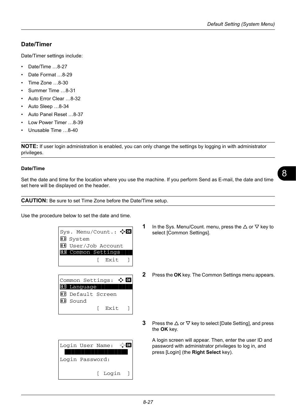 Date/timer, Date/timer …8-27 | TA Triumph-Adler DC 6140L User Manual | Page 223 / 446