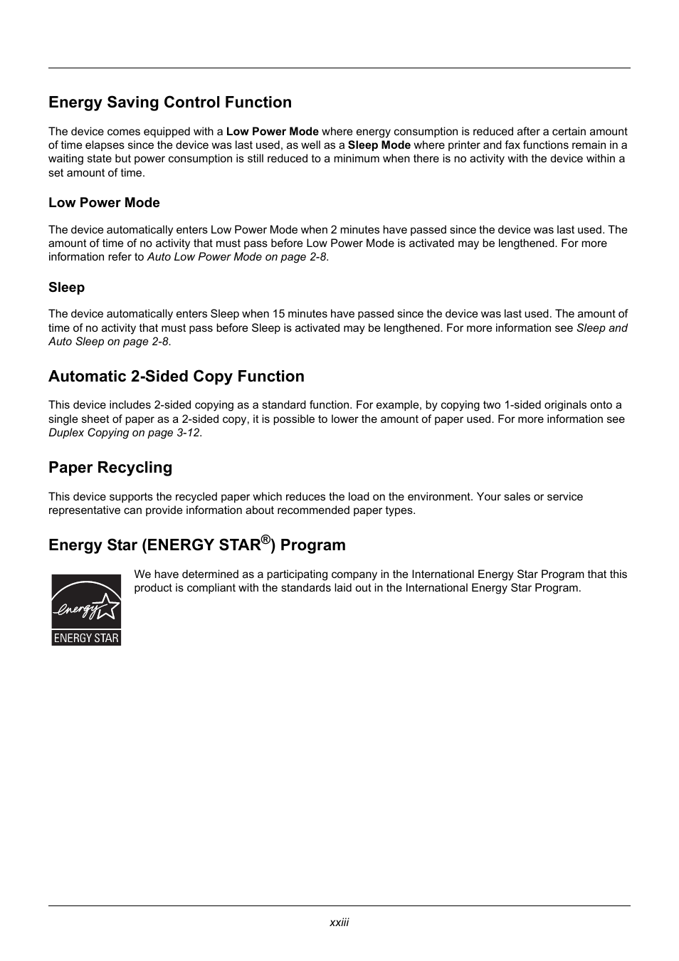 Energy saving control function, Automatic 2-sided copy function, Paper recycling | Energy star (energy star®) program, Energy star (energy star, Program.................... xx, Program | TA Triumph-Adler DC 6140L User Manual | Page 26 / 446