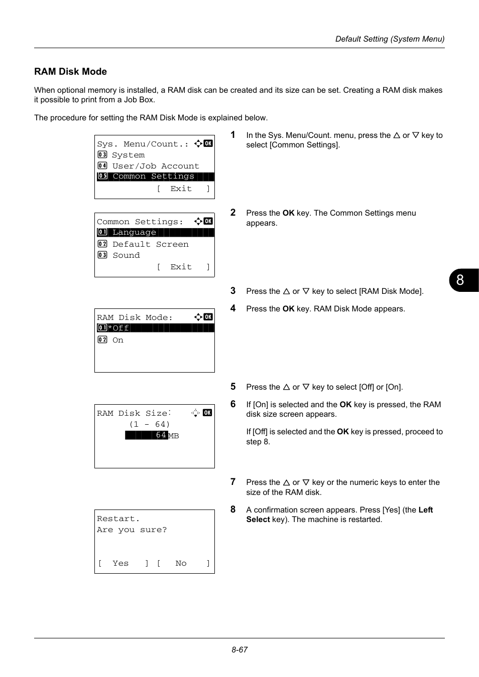 Ram disk mode, Ram disk mode …8-67 | TA Triumph-Adler DC 6140L User Manual | Page 263 / 446