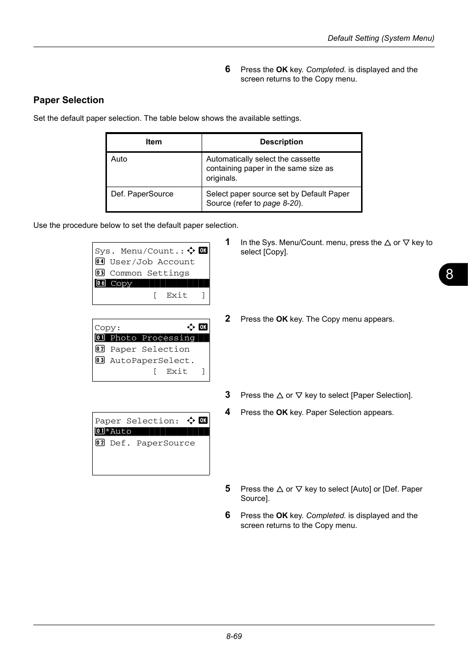 Paper selection, Paper selection …8-69 | TA Triumph-Adler DC 6140L User Manual | Page 265 / 446