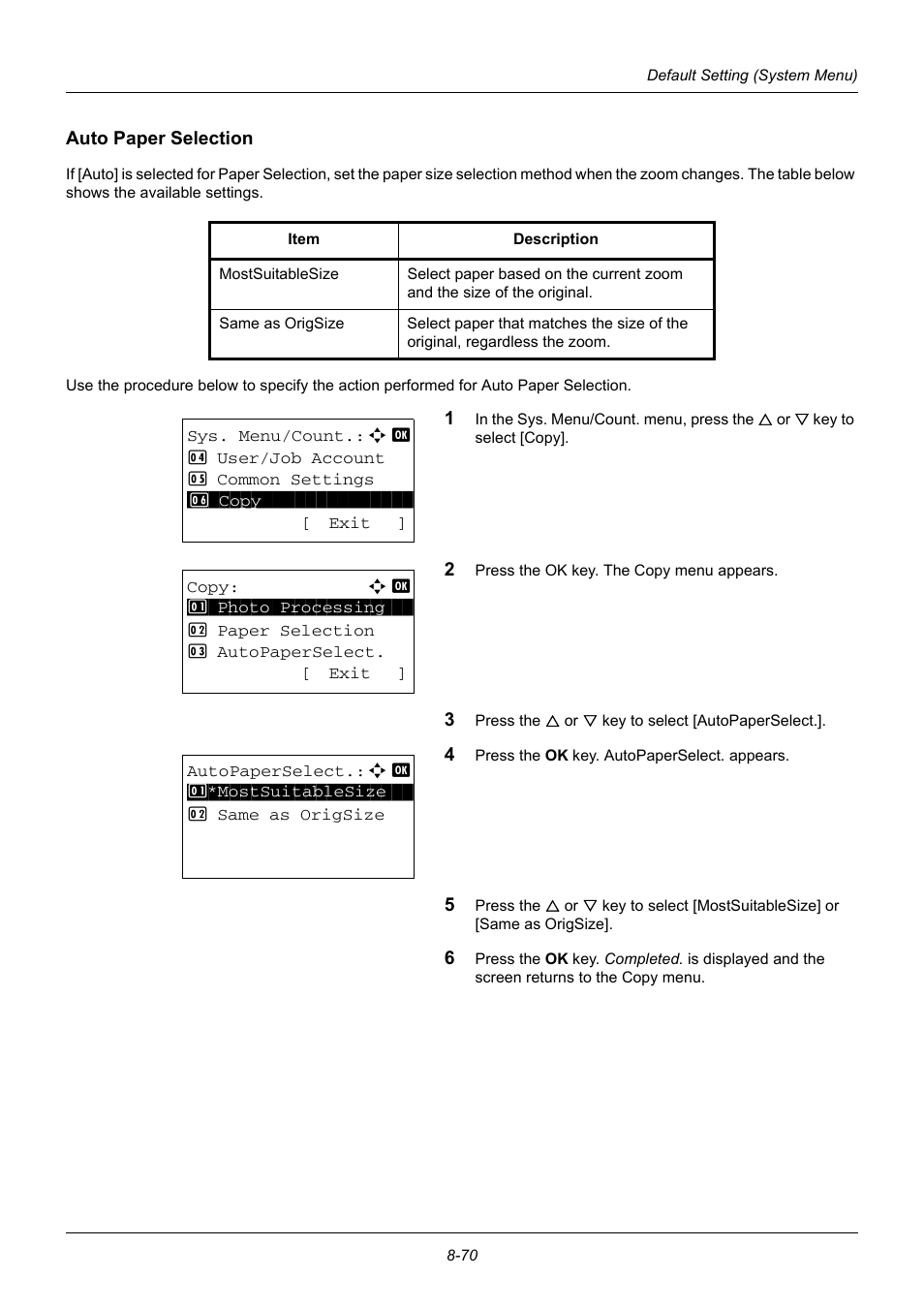 Auto paper selection, Auto paper selection …8-70 | TA Triumph-Adler DC 6140L User Manual | Page 266 / 446