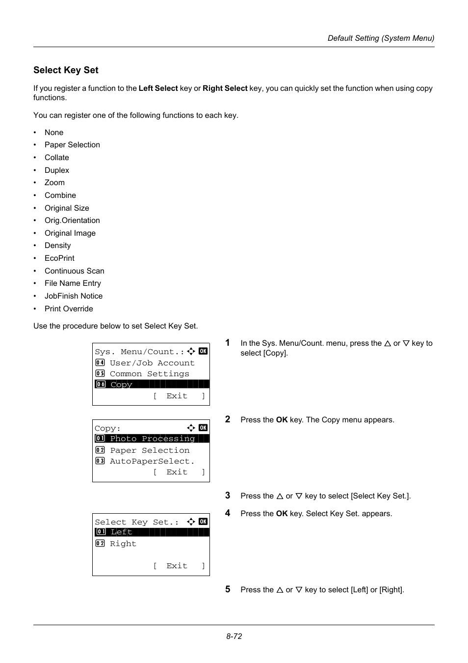 Select key set, Select key set …8-72 | TA Triumph-Adler DC 6140L User Manual | Page 268 / 446