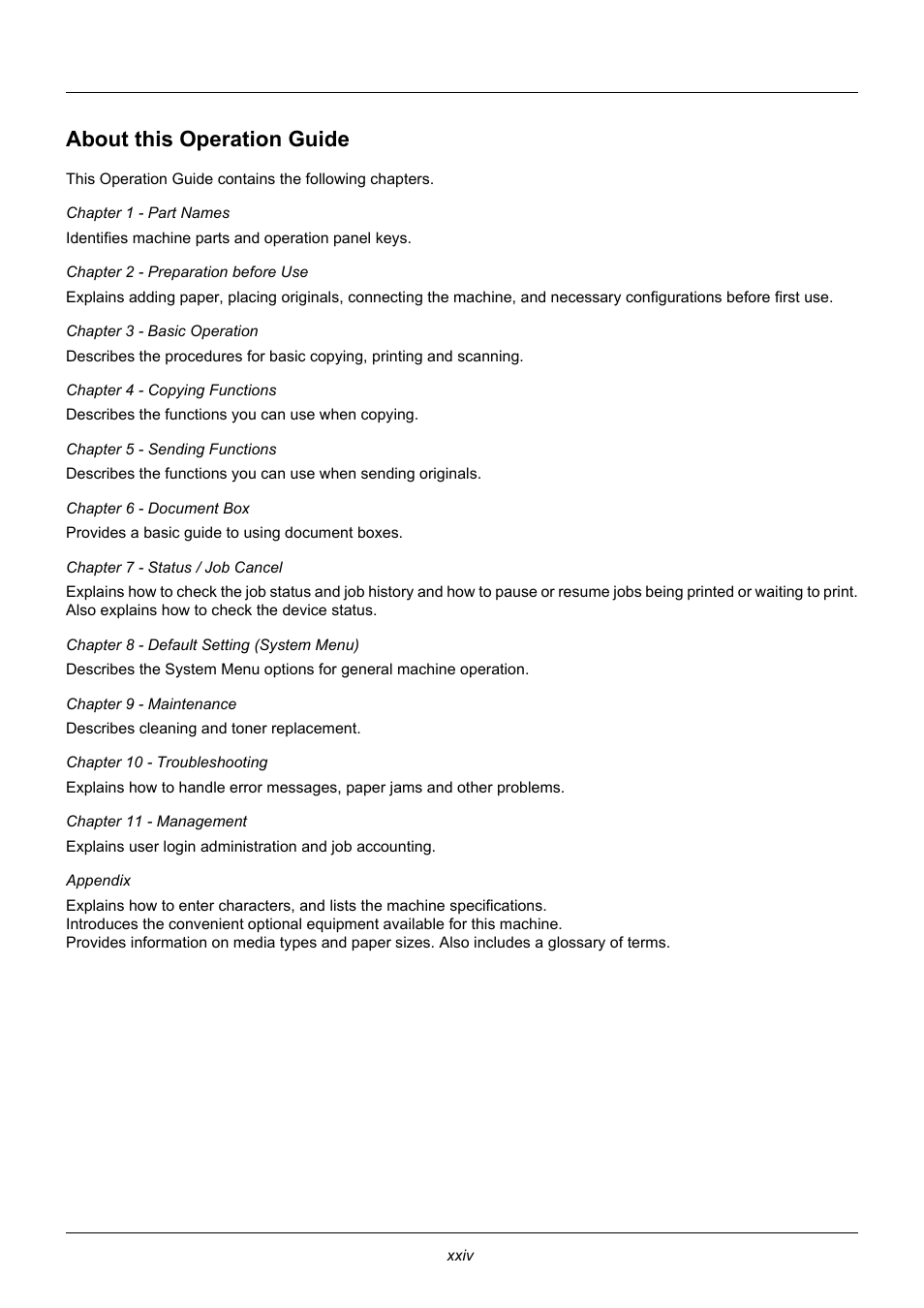 About this operation guide, Xxiv | TA Triumph-Adler DC 6140L User Manual | Page 27 / 446