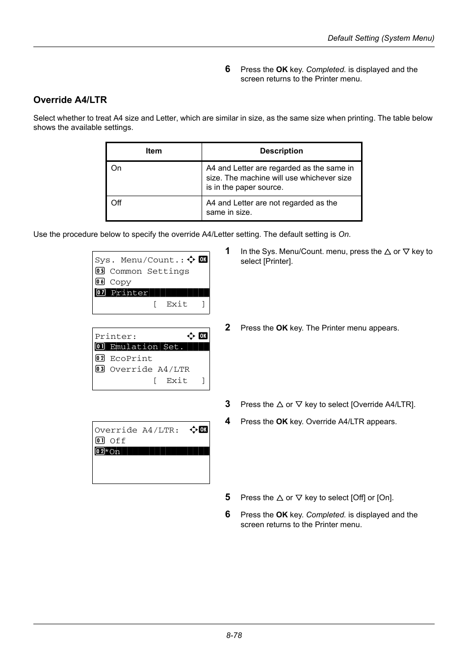 Override a4/ltr, Override a4/ltr …8-78 | TA Triumph-Adler DC 6140L User Manual | Page 274 / 446