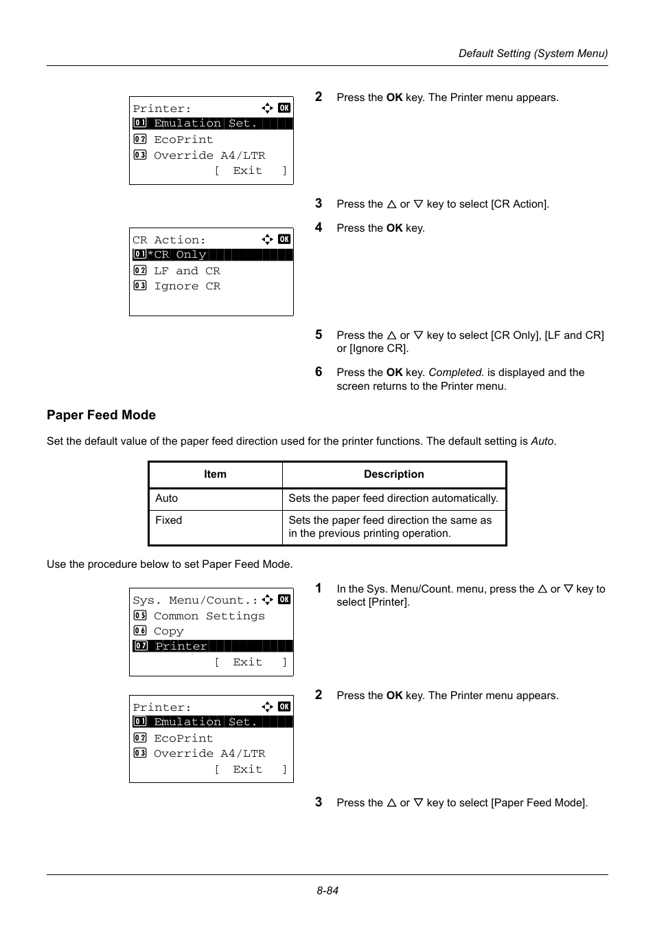 Paper feed mode, Paper feed mode…8-84 | TA Triumph-Adler DC 6140L User Manual | Page 280 / 446