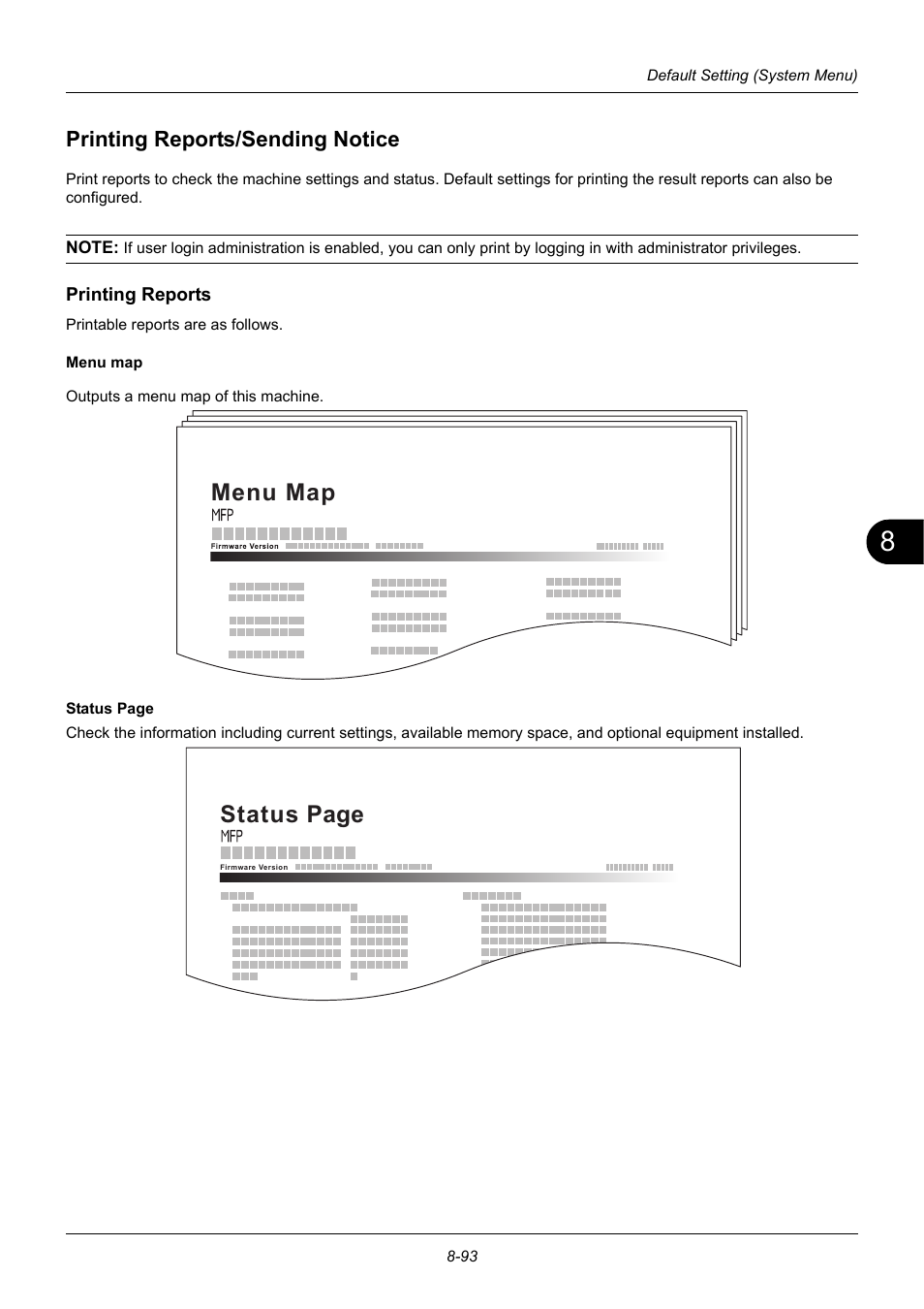 Printing reports/sending notice, Printing reports, Printing reports/sending notice -93 | Menu map status page | TA Triumph-Adler DC 6140L User Manual | Page 289 / 446