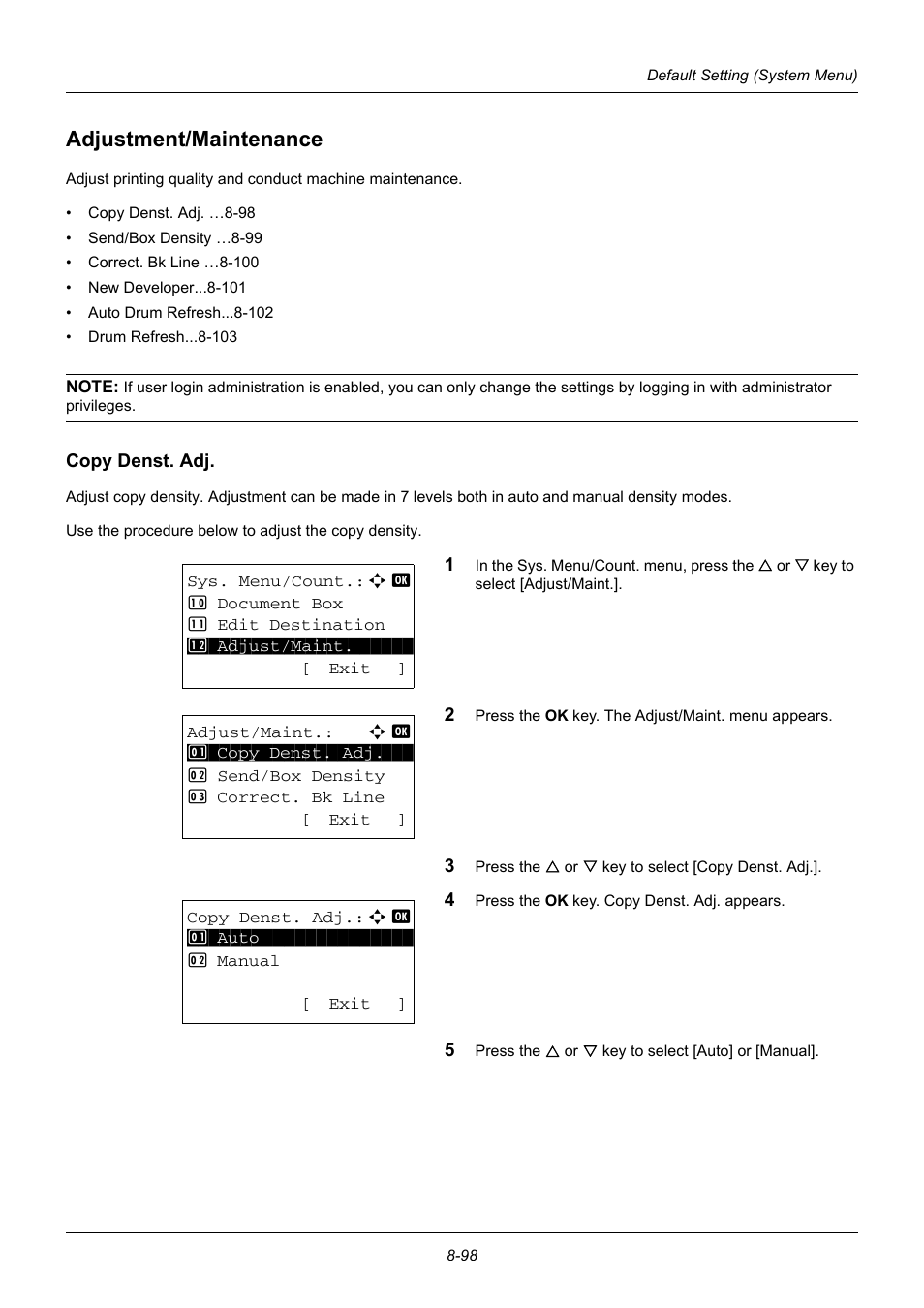 Adjustment/maintenance, Copy denst. adj, Adjustment/maintenance -98 | TA Triumph-Adler DC 6140L User Manual | Page 294 / 446