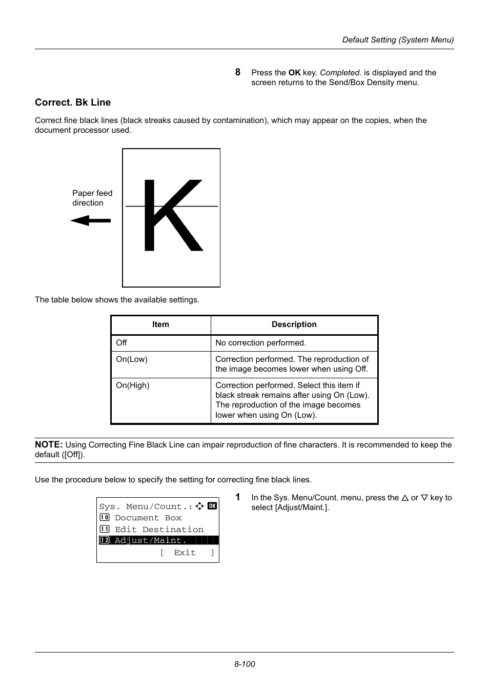 Correct. bk line, Correct. bk line …8-100 | TA Triumph-Adler DC 6140L User Manual | Page 296 / 446