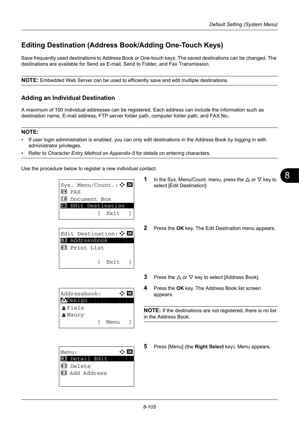Adding an individual destination, Editing destination (address book/adding, One-touch keys) -105 | TA Triumph-Adler DC 6140L User Manual | Page 301 / 446