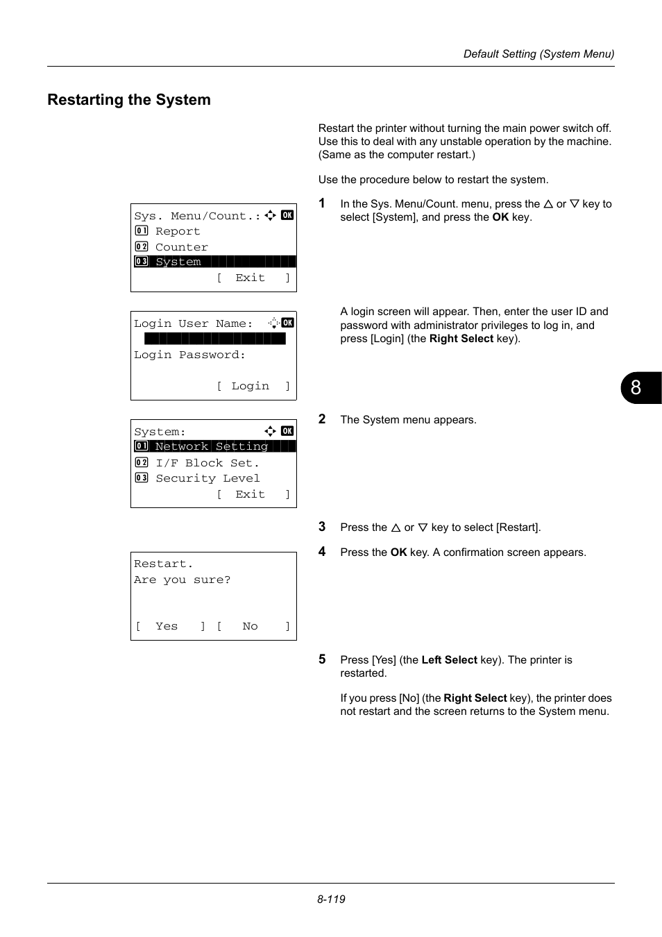 Restarting the system, Restarting the system -119 | TA Triumph-Adler DC 6140L User Manual | Page 315 / 446