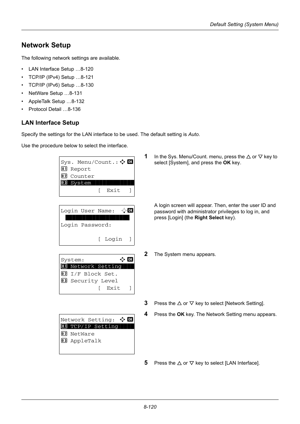 Network setup, Lan interface setup, Network setup -120 | TA Triumph-Adler DC 6140L User Manual | Page 316 / 446