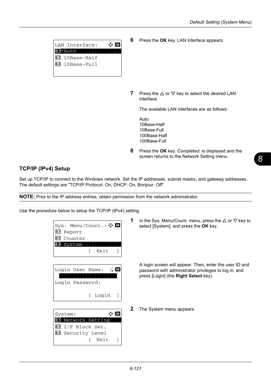 Tcp/ip (ipv4) setup, Tcp/ip (ipv4) setup …8-121 | TA Triumph-Adler DC 6140L User Manual | Page 317 / 446