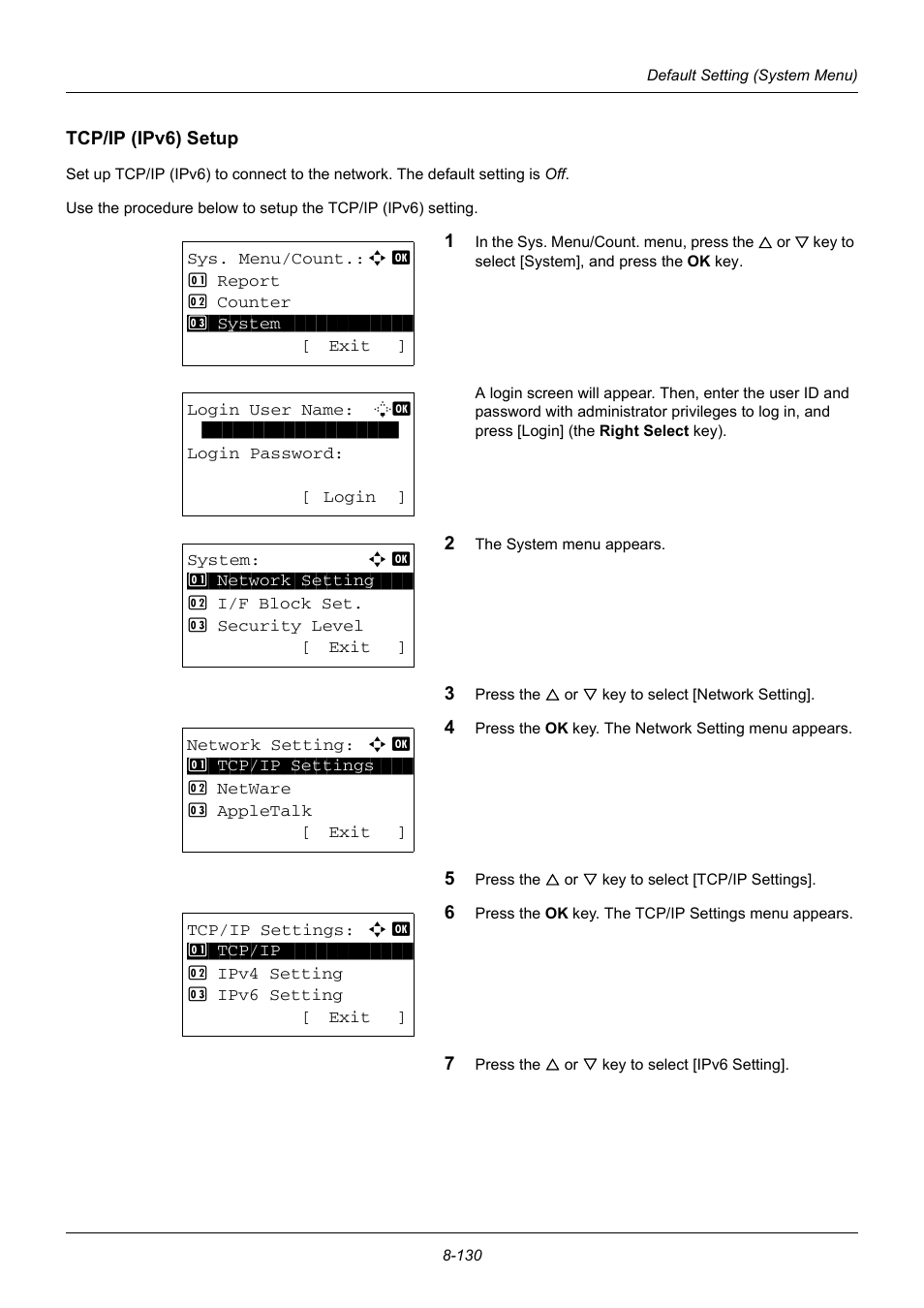 Tcp/ip (ipv6) setup, Tcp/ip (ipv6) setup …8-130 | TA Triumph-Adler DC 6140L User Manual | Page 326 / 446