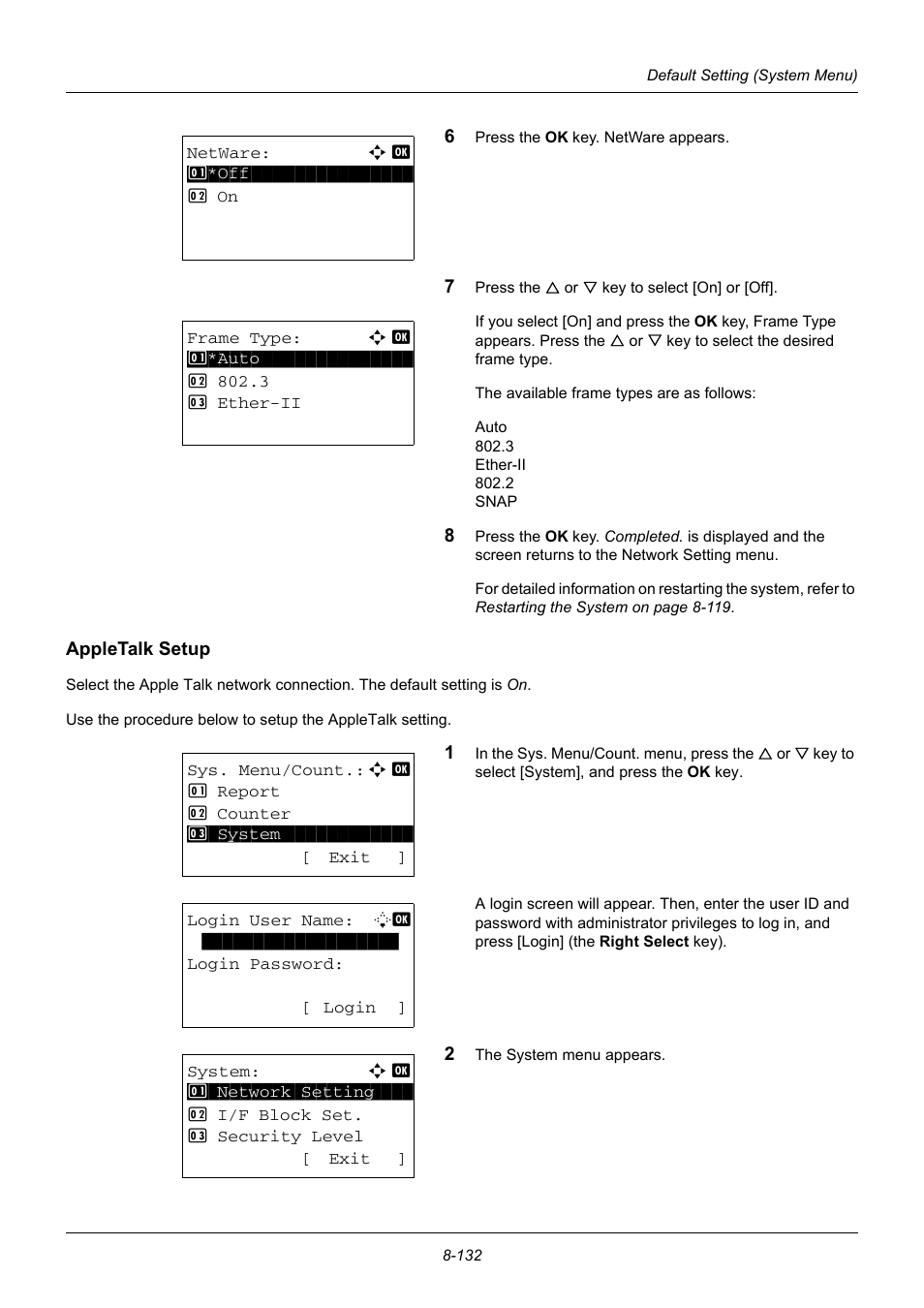 Appletalk setup, Appletalk setup …8-132 | TA Triumph-Adler DC 6140L User Manual | Page 328 / 446