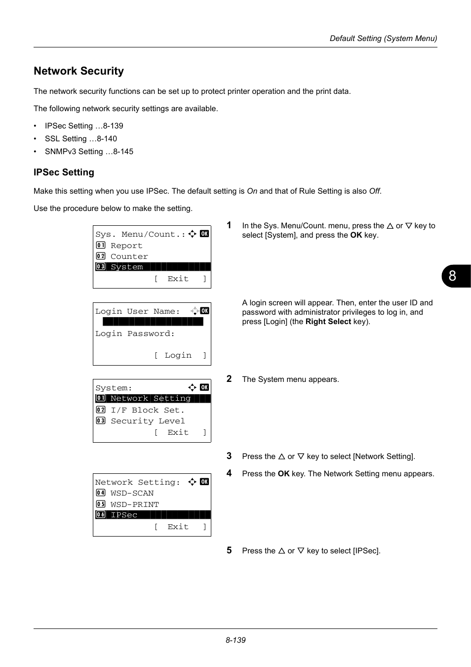 Network security, Ipsec setting, Network security -139 | TA Triumph-Adler DC 6140L User Manual | Page 335 / 446