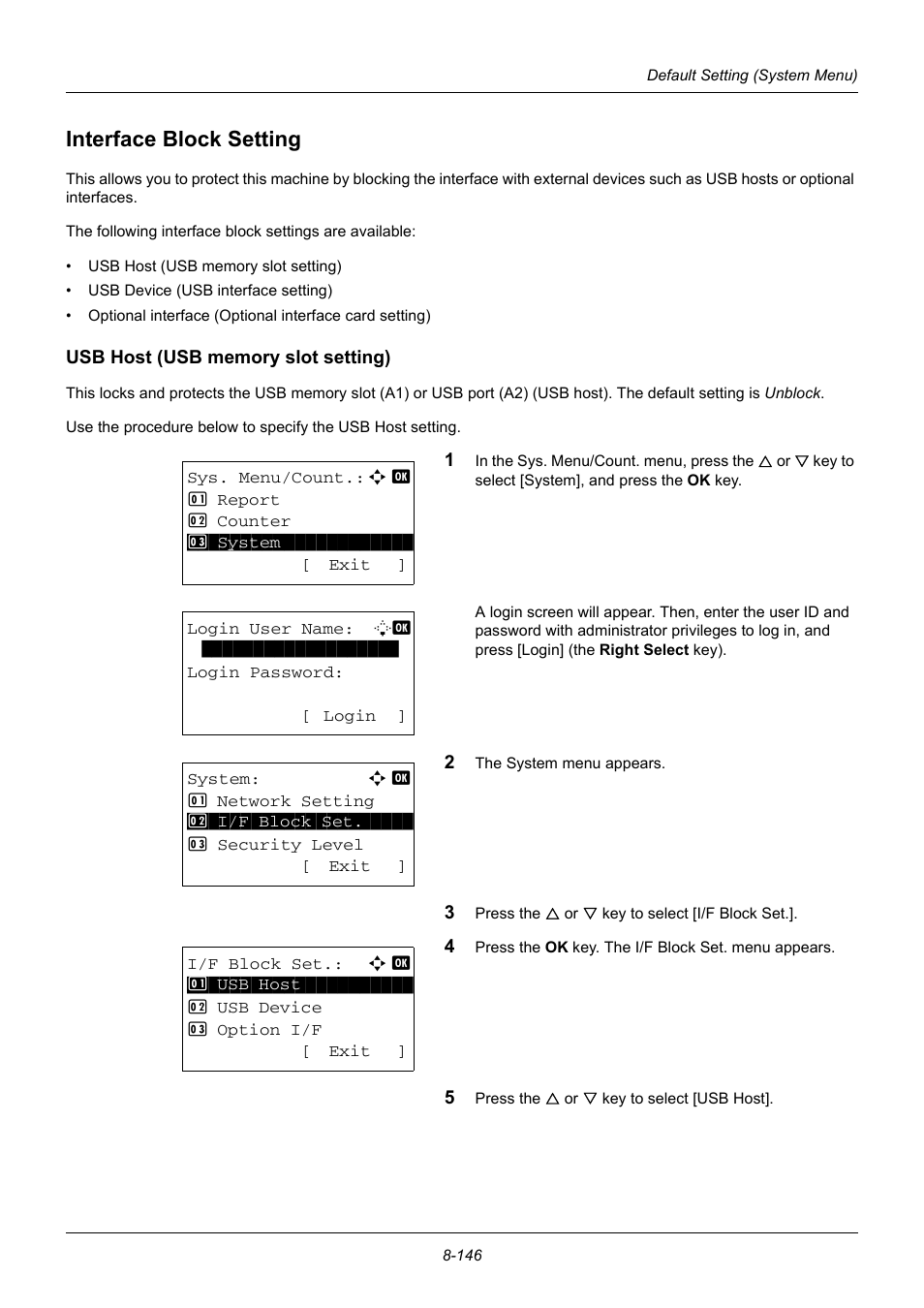 Interface block setting, Usb host (usb memory slot setting), Interface block setting -146 | TA Triumph-Adler DC 6140L User Manual | Page 342 / 446