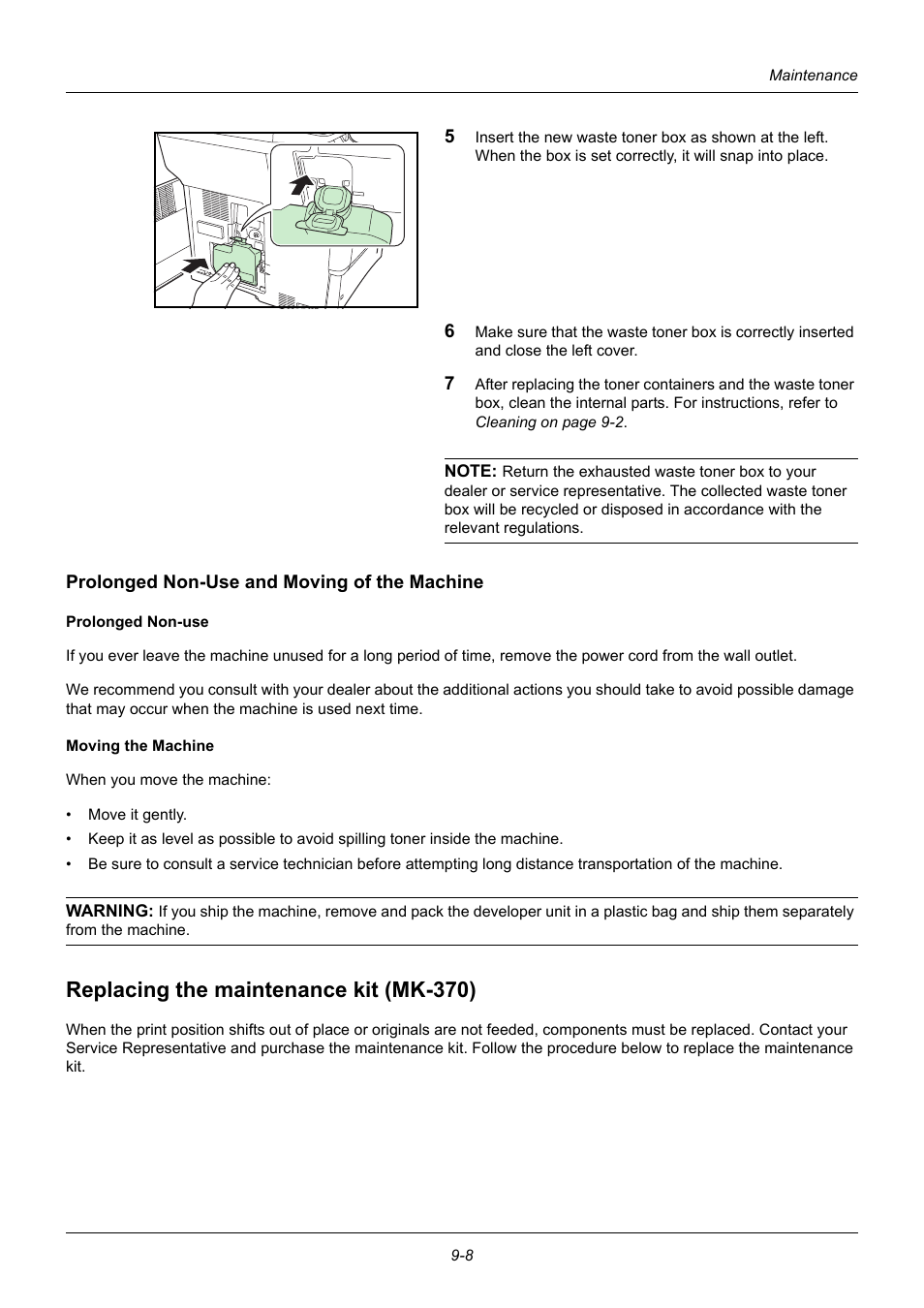 Prolonged non-use and moving of the machine, Replacing the maintenance kit (mk-370), Replacing the maintenance kit (mk-370) -8 | TA Triumph-Adler DC 6140L User Manual | Page 354 / 446