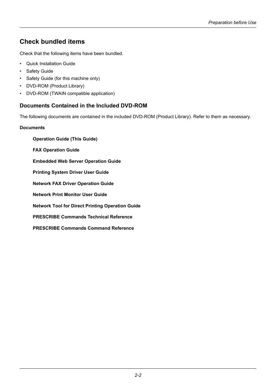 Check bundled items, Documents contained in the included dvd-rom, Check bundled items -2 | TA Triumph-Adler DC 6140L User Manual | Page 36 / 446