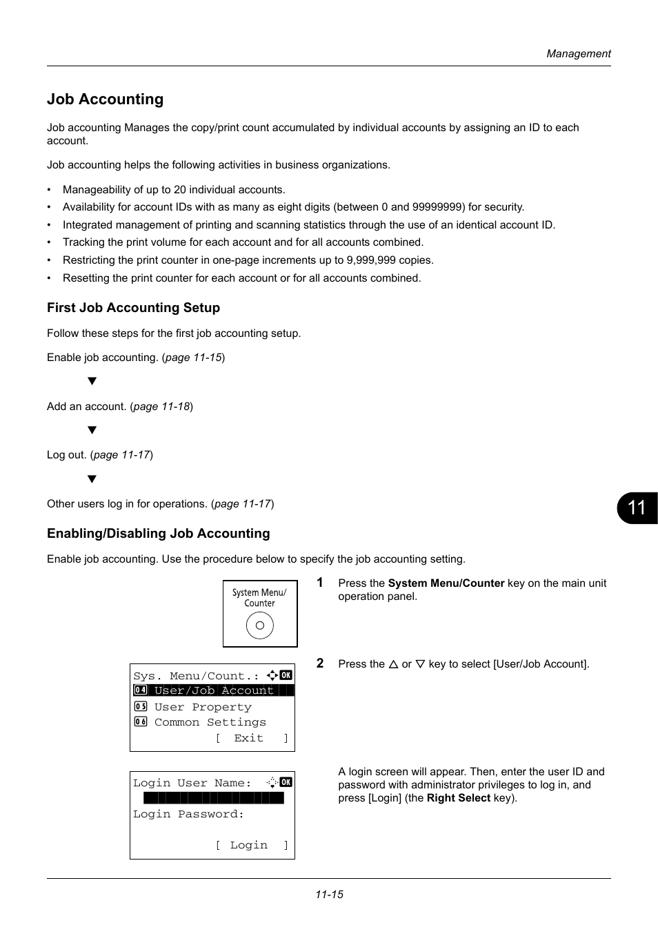 Job accounting, First job accounting setup, Enabling/disabling job accounting | Job accounting -15 | TA Triumph-Adler DC 6140L User Manual | Page 389 / 446