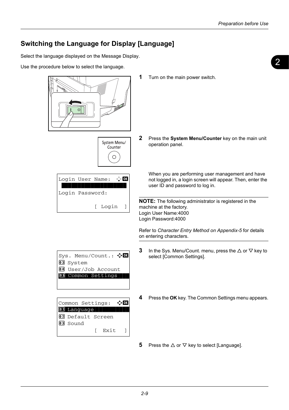 Switching the language for display [language, Switching the language for display [language] -9 | TA Triumph-Adler DC 6140L User Manual | Page 43 / 446