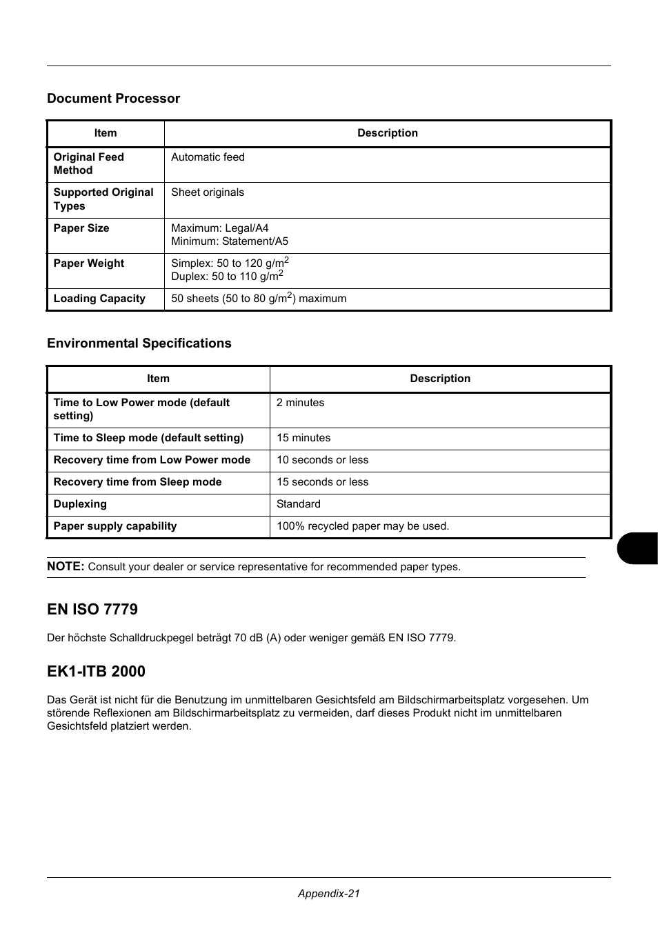 Document processor, Environmental specifications, En iso 7779 | Ek1-itb 2000, Document processor environmental specifications | TA Triumph-Adler DC 6140L User Manual | Page 433 / 446