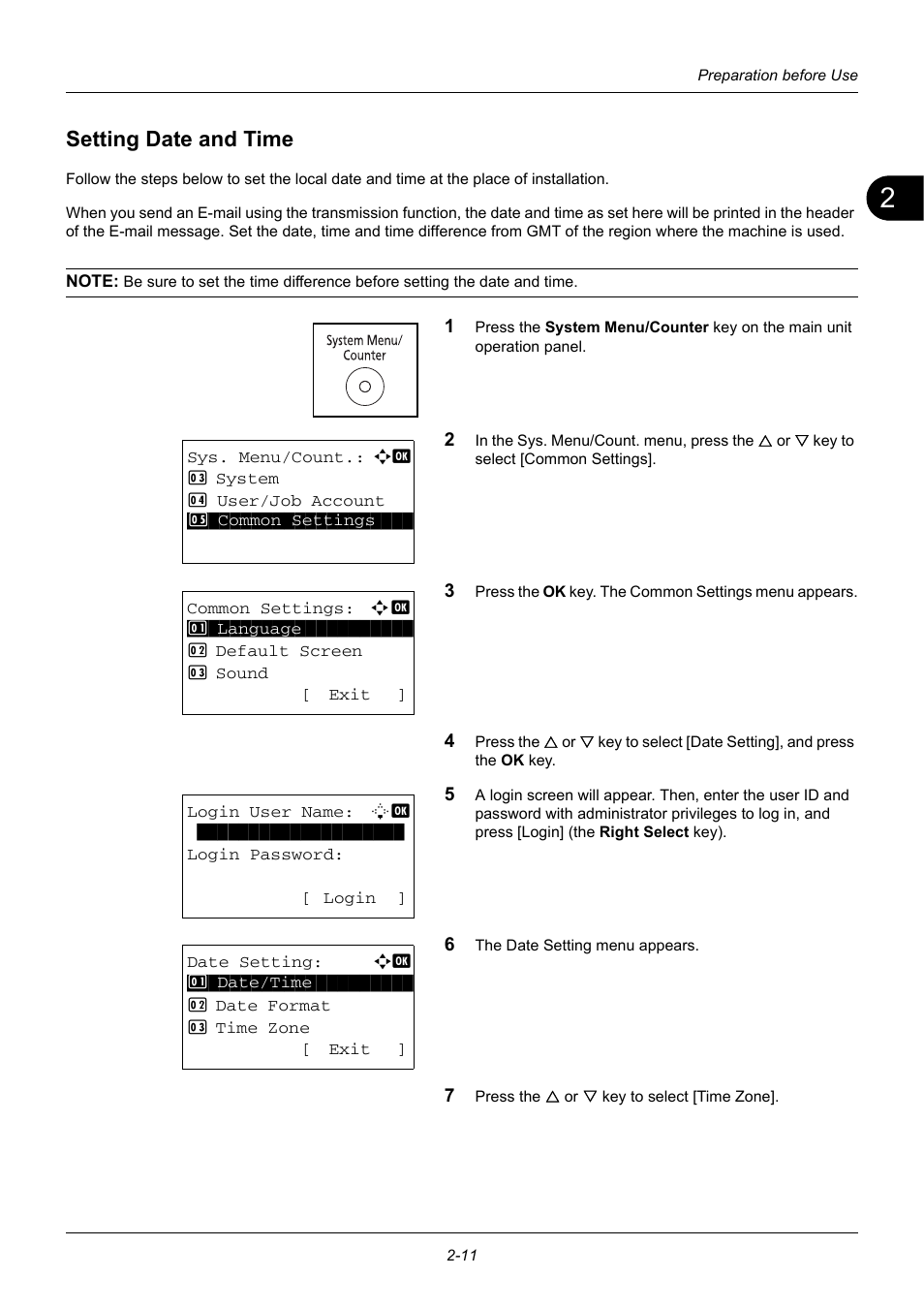 Setting date and time, Setting date and time -11 | TA Triumph-Adler DC 6140L User Manual | Page 45 / 446