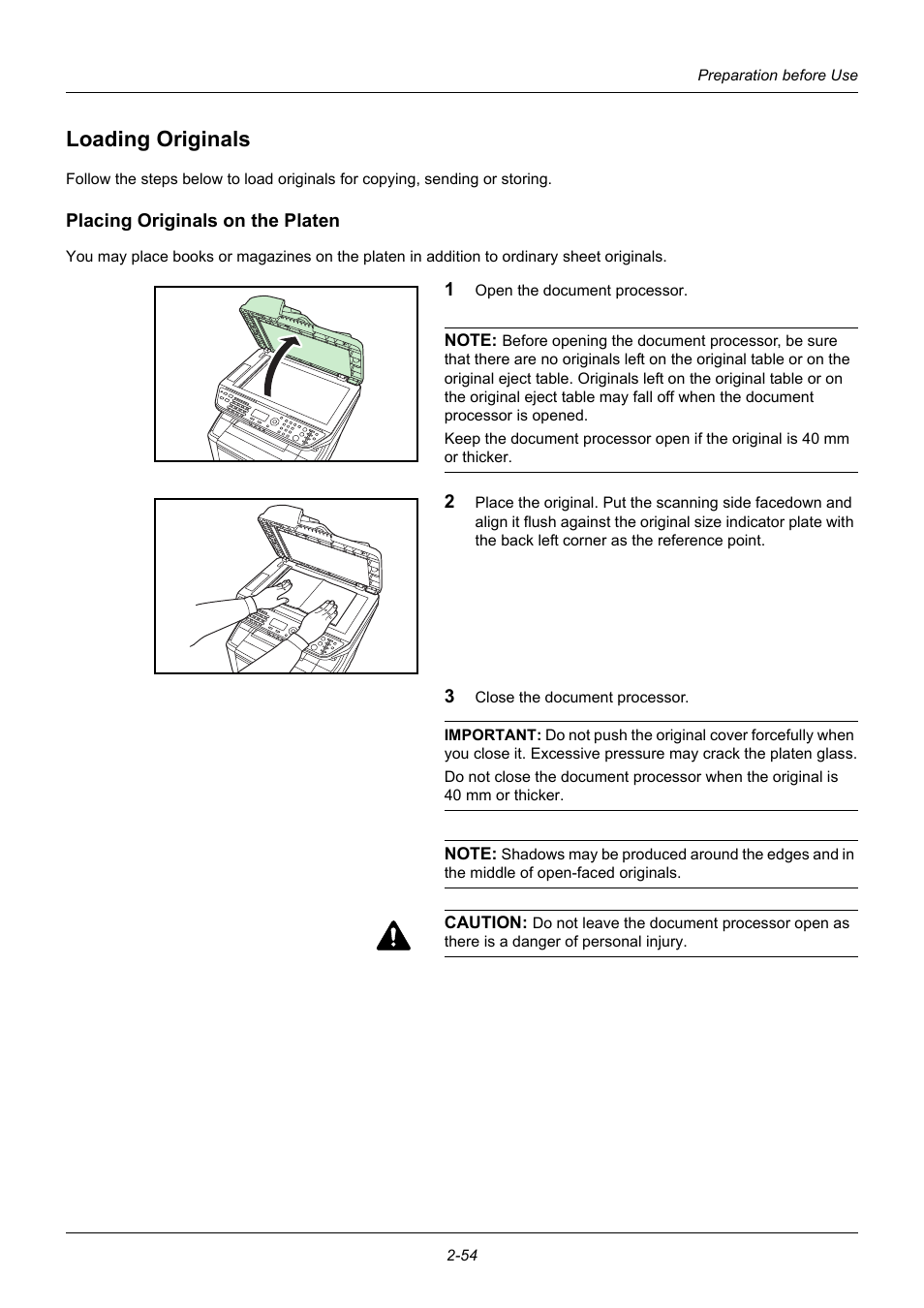 Loading originals, Placing originals on the platen, Loading originals -54 | Placing originals on, The platen -54 | TA Triumph-Adler DC 6140L User Manual | Page 88 / 446