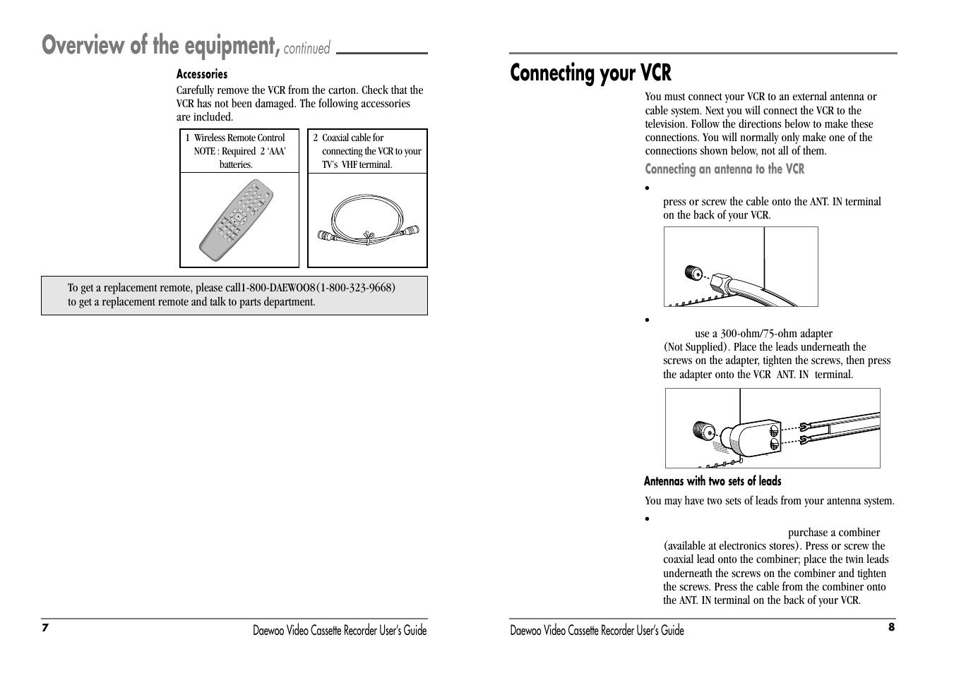 Overview of the equipment, Connecting your vcr, Continued | Daewoo DV-T8DN User Manual | Page 7 / 23