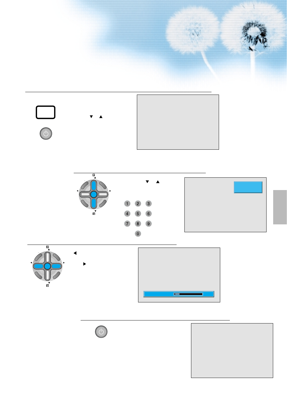 Press the “on/off” button, Select program, Adjust volume | Press the “power” button to turn the tv off | Daewoo DT-4280 NH User Manual | Page 18 / 72