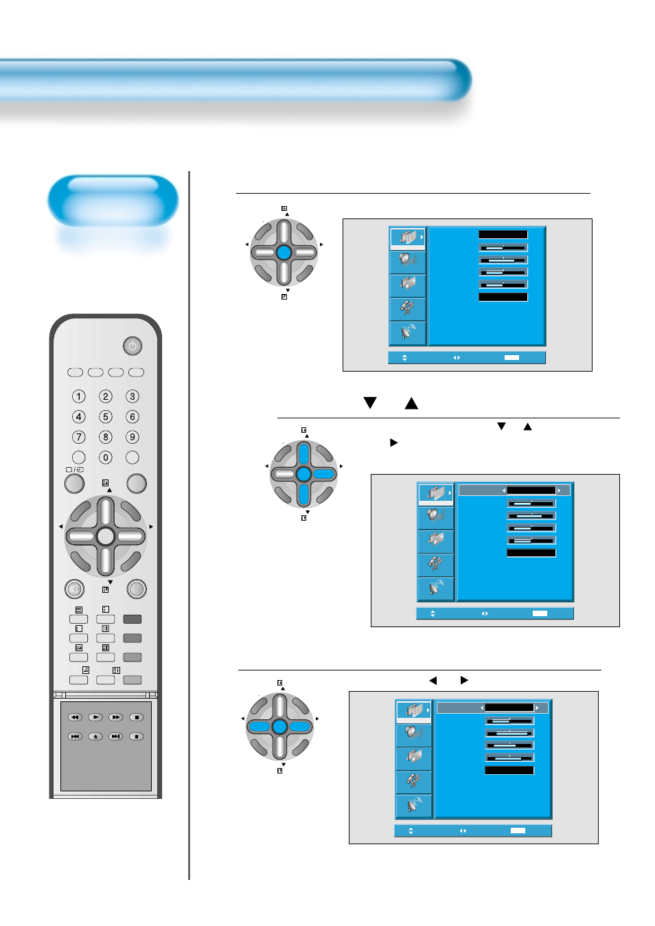 Press the pr button, Select the user mode, Press the menu button | Customising picture, After selecting [picture] by the, Select [user] by the “ vol ” buttons in the [mode, The menu shown below will display on the screen | Daewoo DT-4280 NH User Manual | Page 43 / 72