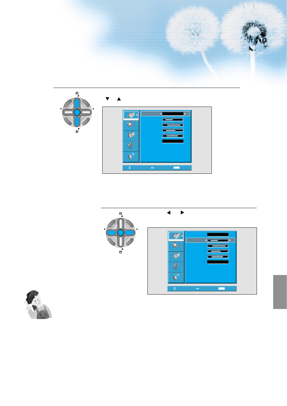 While you are in [picture mode – user], press the, Buttons to select a specific adjustment item | Daewoo DT-4280 NH User Manual | Page 44 / 72