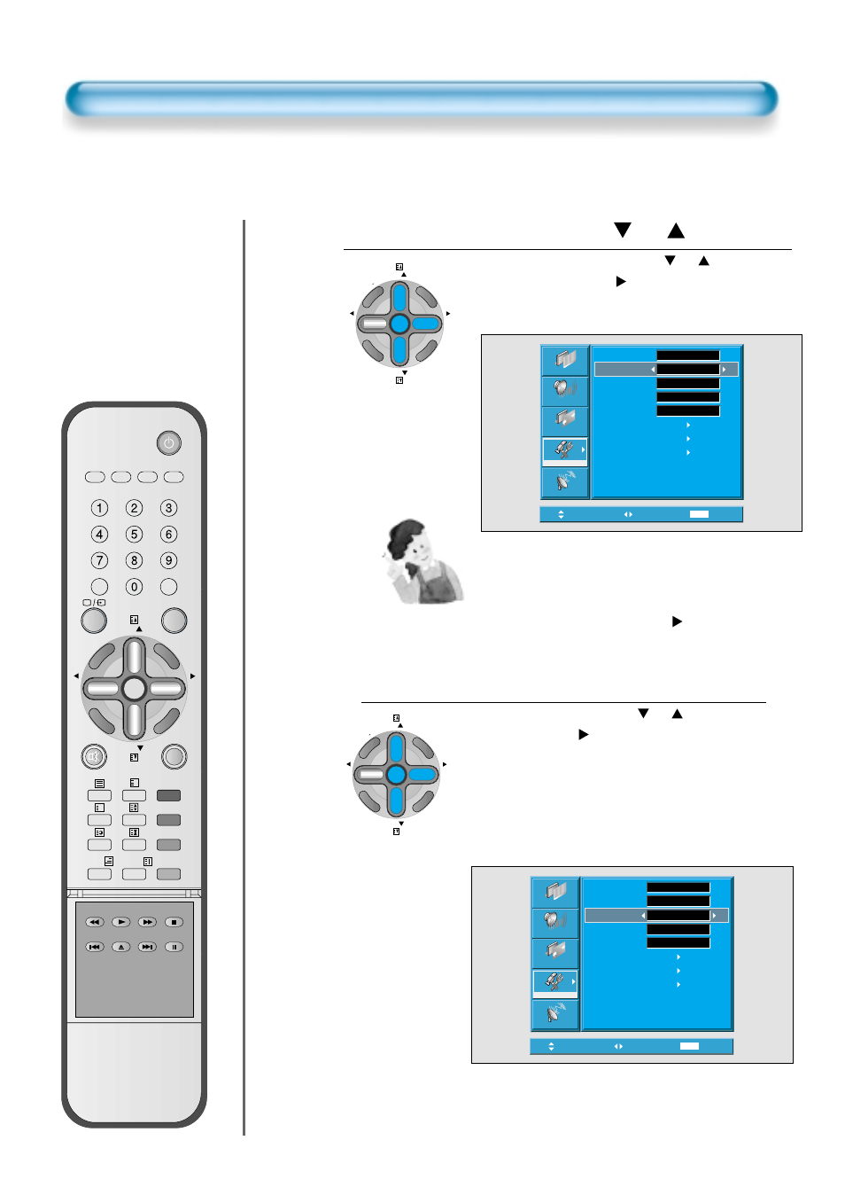 Menu background, language and child lock setting, Chid lock setting, Select language by using the | Button, Select [chid lock] by the | Daewoo DT-4280 NH User Manual | Page 59 / 72