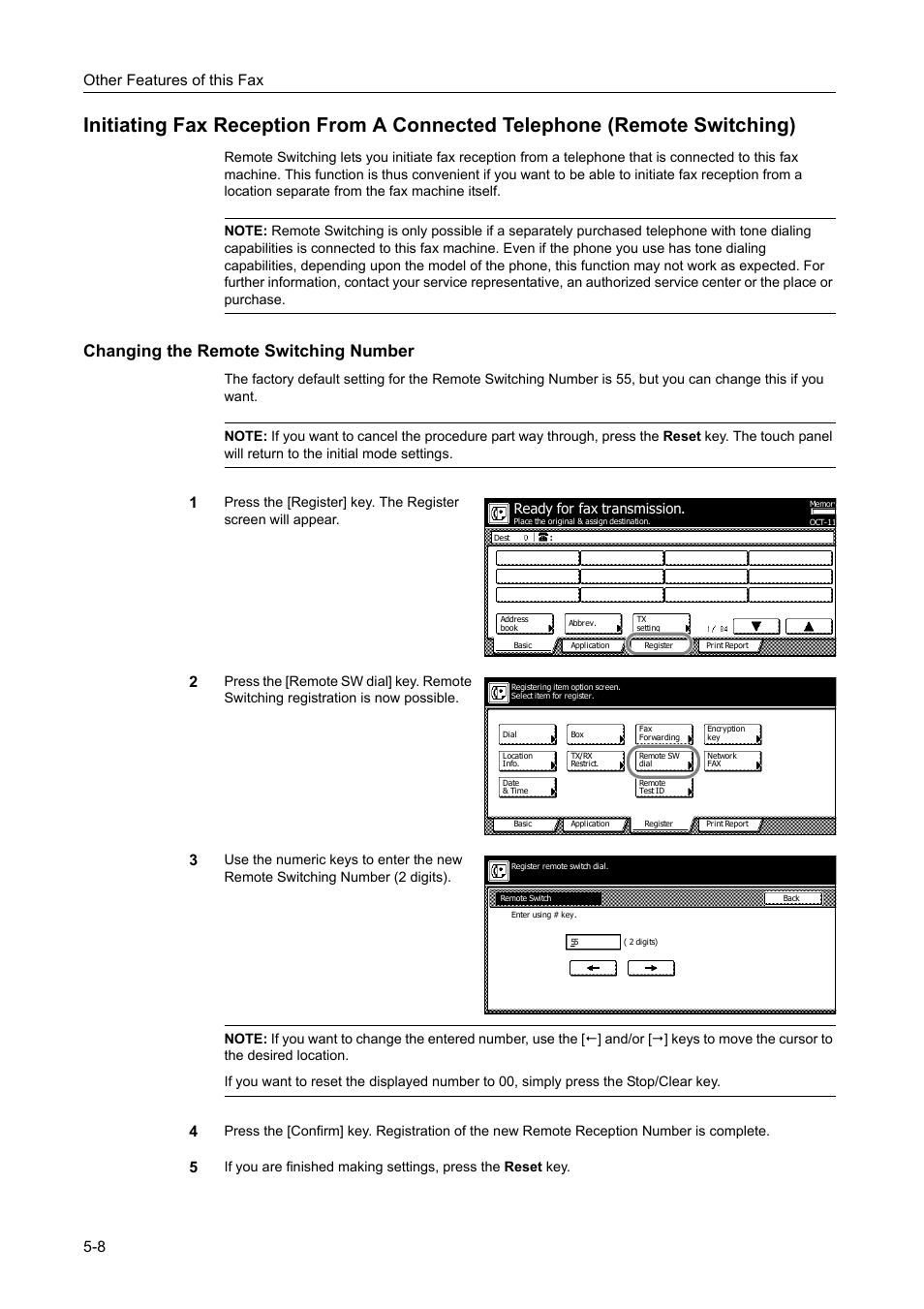Changing the remote switching number, Changing the remote switching number -8, Other features of this fax 5-8 | Ready for fax transmission | TA Triumph-Adler DCC 2520 User Manual | Page 110 / 242