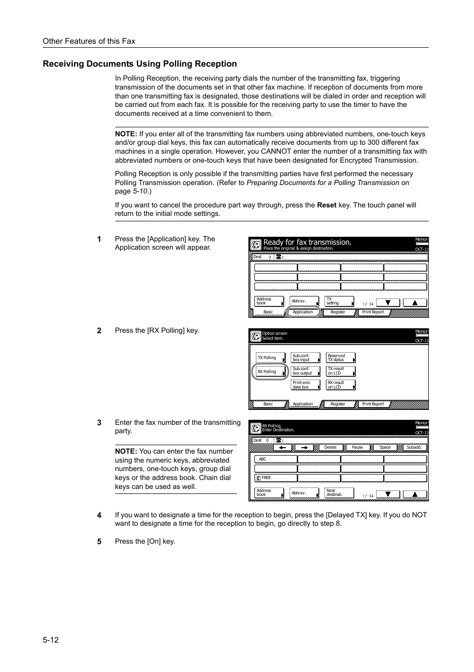 Receiving documents using polling reception, Receiving documents using polling reception -12, Other features of this fax 5-12 | Press the [rx polling] key, Press the [on] key, Ready for fax transmission | TA Triumph-Adler DCC 2520 User Manual | Page 114 / 242