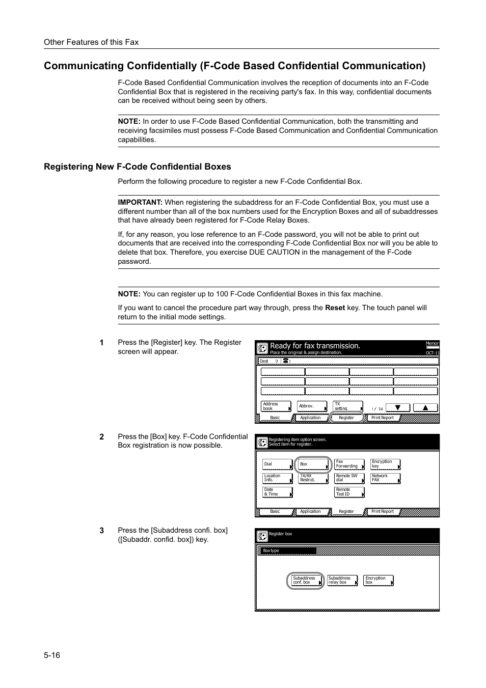 Registering new f-code confidential boxes, Registering new f-code confidential boxes -16, Other features of this fax 5-16 | Ready for fax transmission | TA Triumph-Adler DCC 2520 User Manual | Page 118 / 242