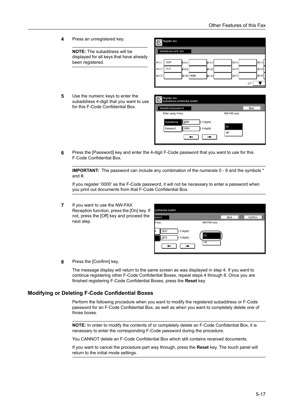 Modifying or deleting f-code confidential boxes, Other features of this fax 5-17 4 | TA Triumph-Adler DCC 2520 User Manual | Page 119 / 242