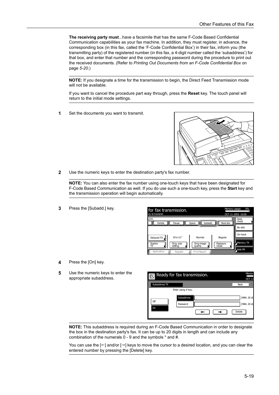 Other features of this fax 5-19, Set the documents you want to transmit, Press the [subadd.] key | Press the [on] key, For fax transmission, Ready for fax transmission | TA Triumph-Adler DCC 2520 User Manual | Page 121 / 242