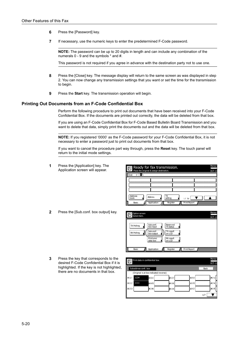 Other features of this fax 5-20 6, Press the [password] key, Press the [sub.conf. box output] key | Ready for fax transmission | TA Triumph-Adler DCC 2520 User Manual | Page 122 / 242